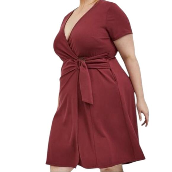Torrid size 0 large 12 Red A-Line faux Wrap Midi Dress knee length wine - Picture 2 of 13